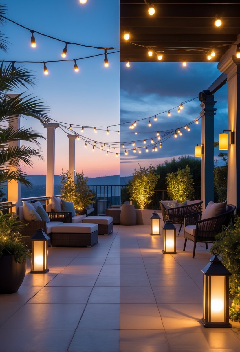 A terrace with outdoor seating and plants, showing one side dimly lit and the other brightly illuminated with various lighting fixtures in the evening.
