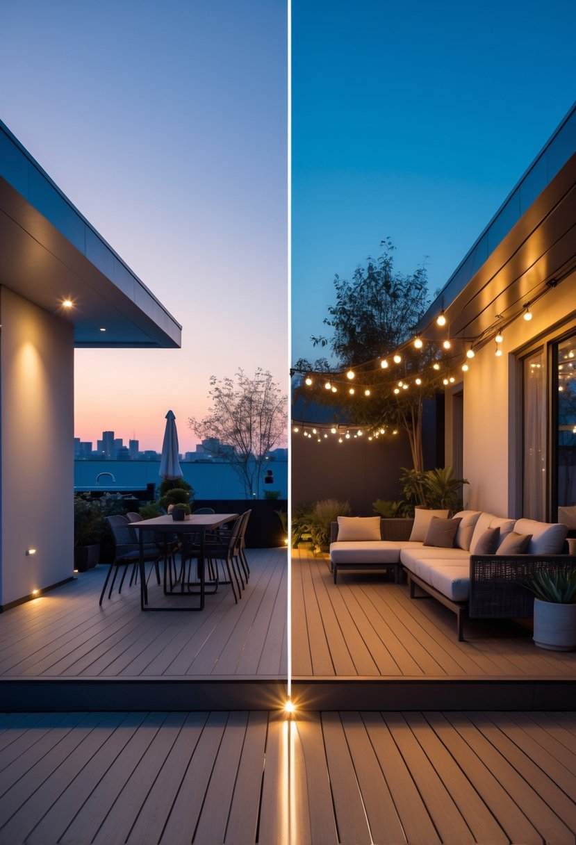 An outdoor terrace shown in two halves: one in natural daylight with minimal lighting, and the other at dusk with warm, layered lighting creating a cozy atmosphere.