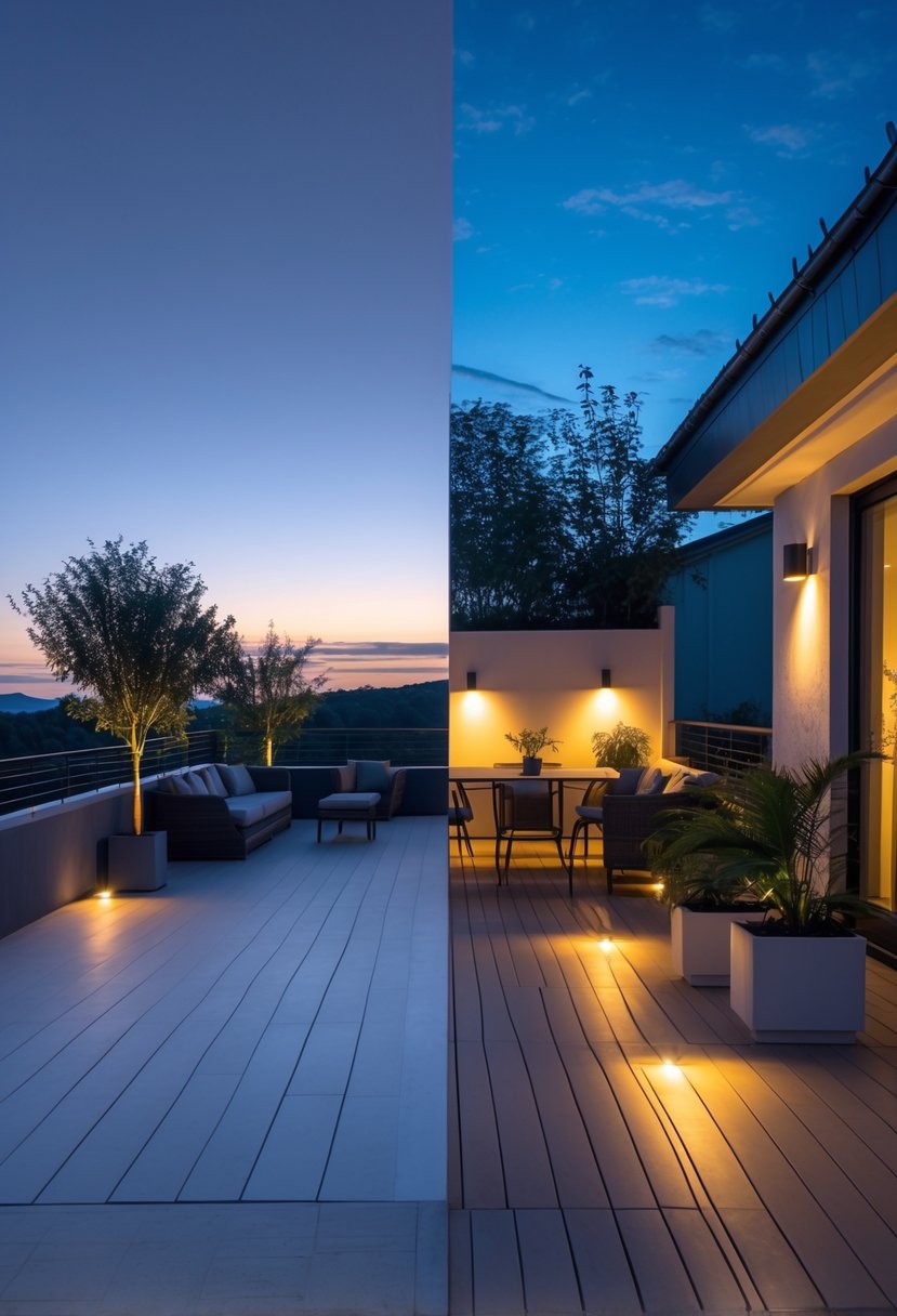 A terrace shown in two halves: one side dark and unlit, the other warmly lit with outdoor lights illuminating furniture and plants.