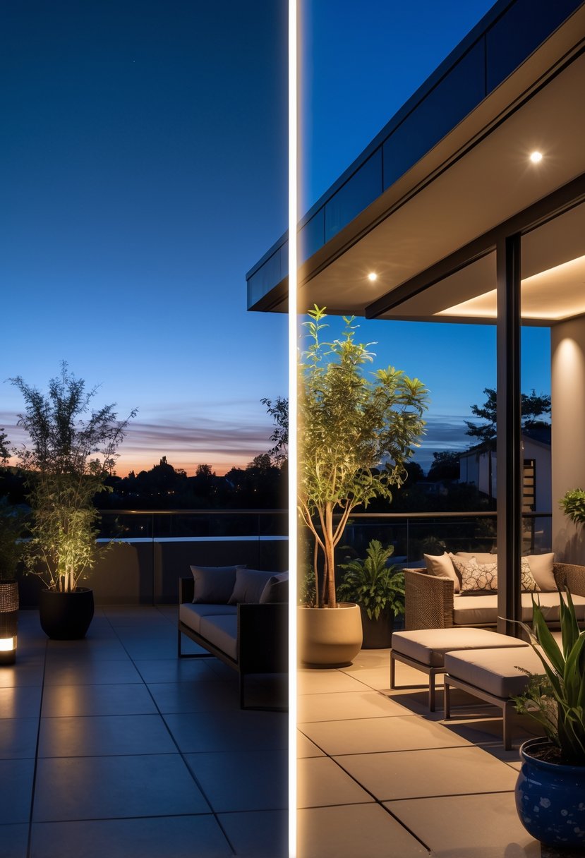 Outdoor terrace shown in two halves, one side dark and unlit, the other brightly lit with warm lights highlighting seating and plants.