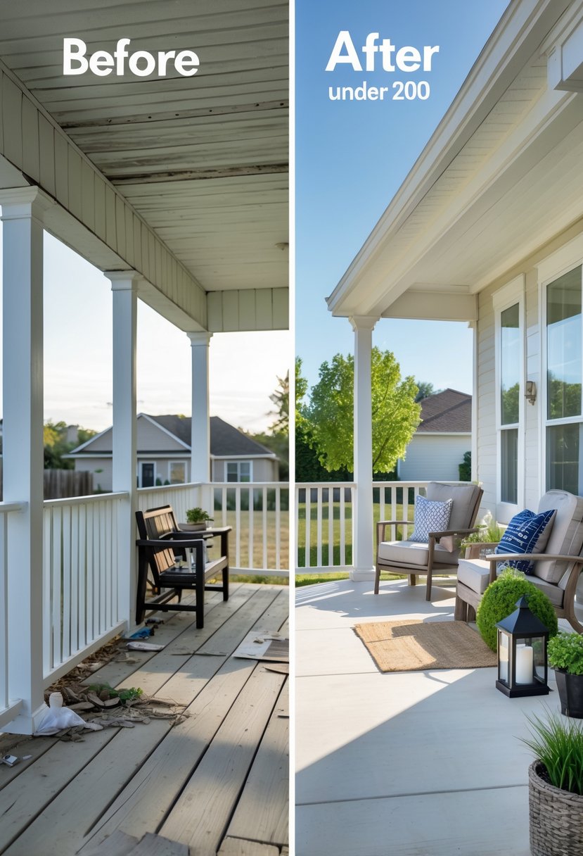 Split-screen image showing a porch before renovation with worn wood and clutter, and after renovation with clean painted railings, polished floor, and outdoor furniture.