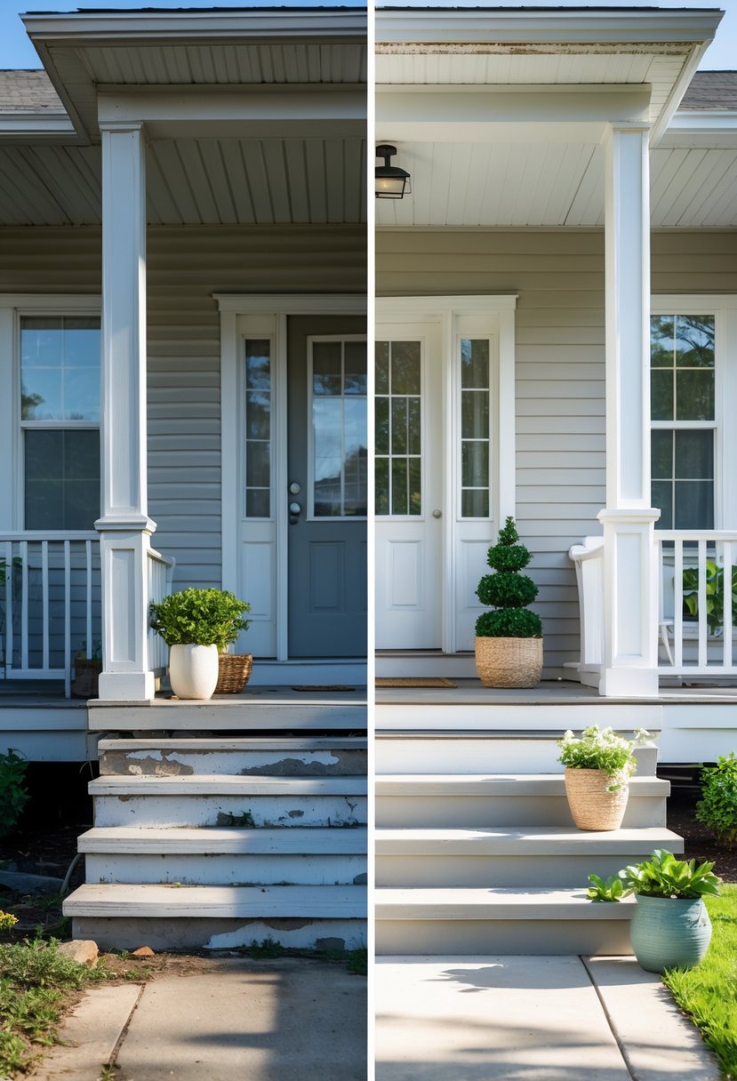 Split view of a residential porch before and after renovation, showing a worn porch on one side and a freshly renovated porch on the other.