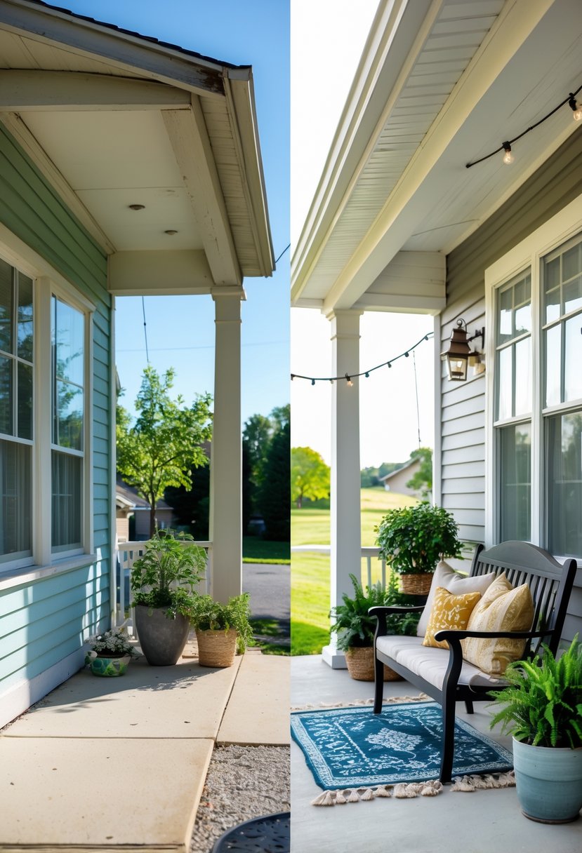 Side-by-side view of a porch before and after renovation, showing a plain porch transformed into a bright, decorated outdoor space with plants and seating.
