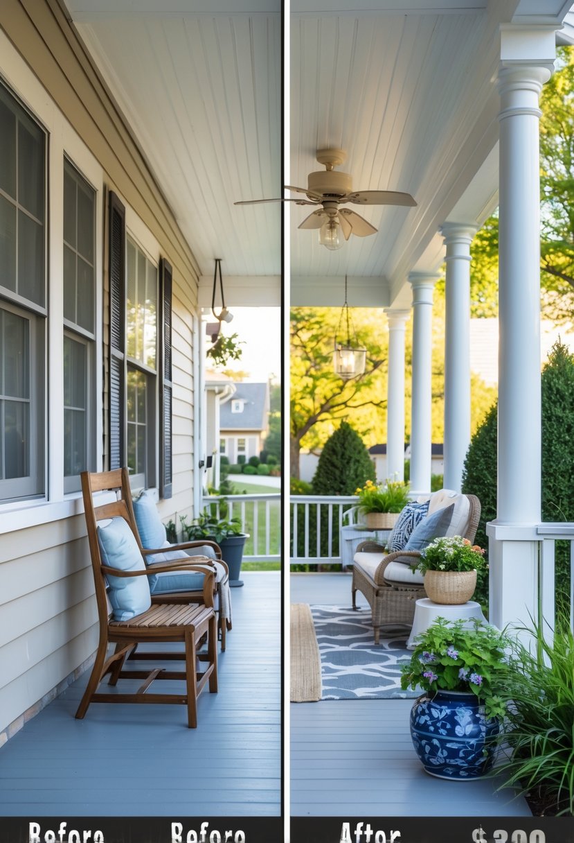 Side-by-side images showing a porch before renovation with worn features and after renovation with fresh paint, new furniture, and plants.