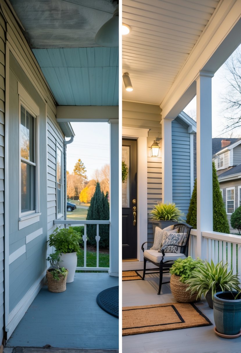 Side-by-side view of a porch before and after renovation, showing a plain porch transformed with fresh paint, plants, and outdoor furniture.