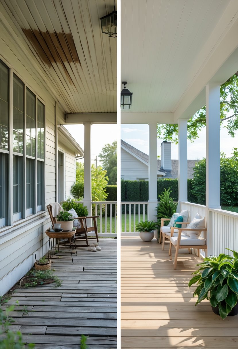 Side-by-side view of a porch before renovation showing worn wood and clutter, and after renovation with fresh paint, polished floor, and new furniture.
