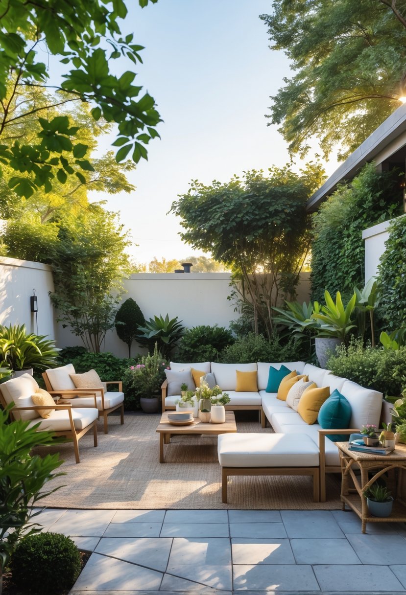 A sunny outdoor patio with seating, plants, and decor showing common mistakes like cluttered furniture, mismatched cushions, and poor lighting.