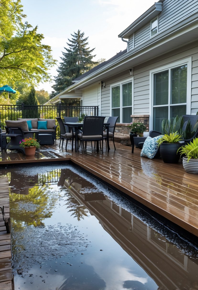 A residential patio with water pooling on the wooden deck near outdoor furniture and potted plants.