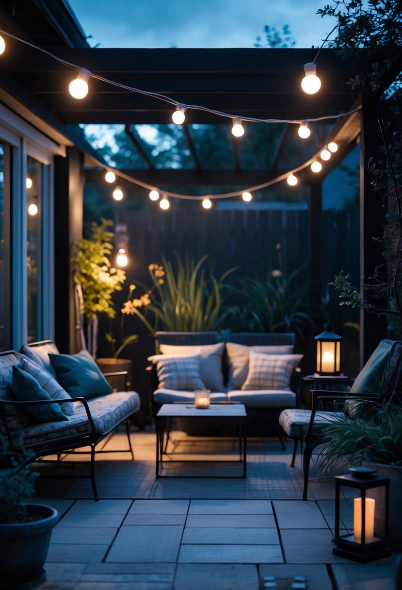 Outdoor patio at dusk with dim string lights, mismatched furniture, and unlit lantern showing inadequate lighting.