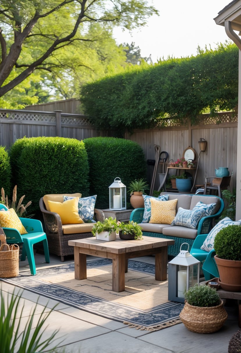 Outdoor patio with mismatched furniture, clashing cushions, scattered decor items, and an unorganized backyard.