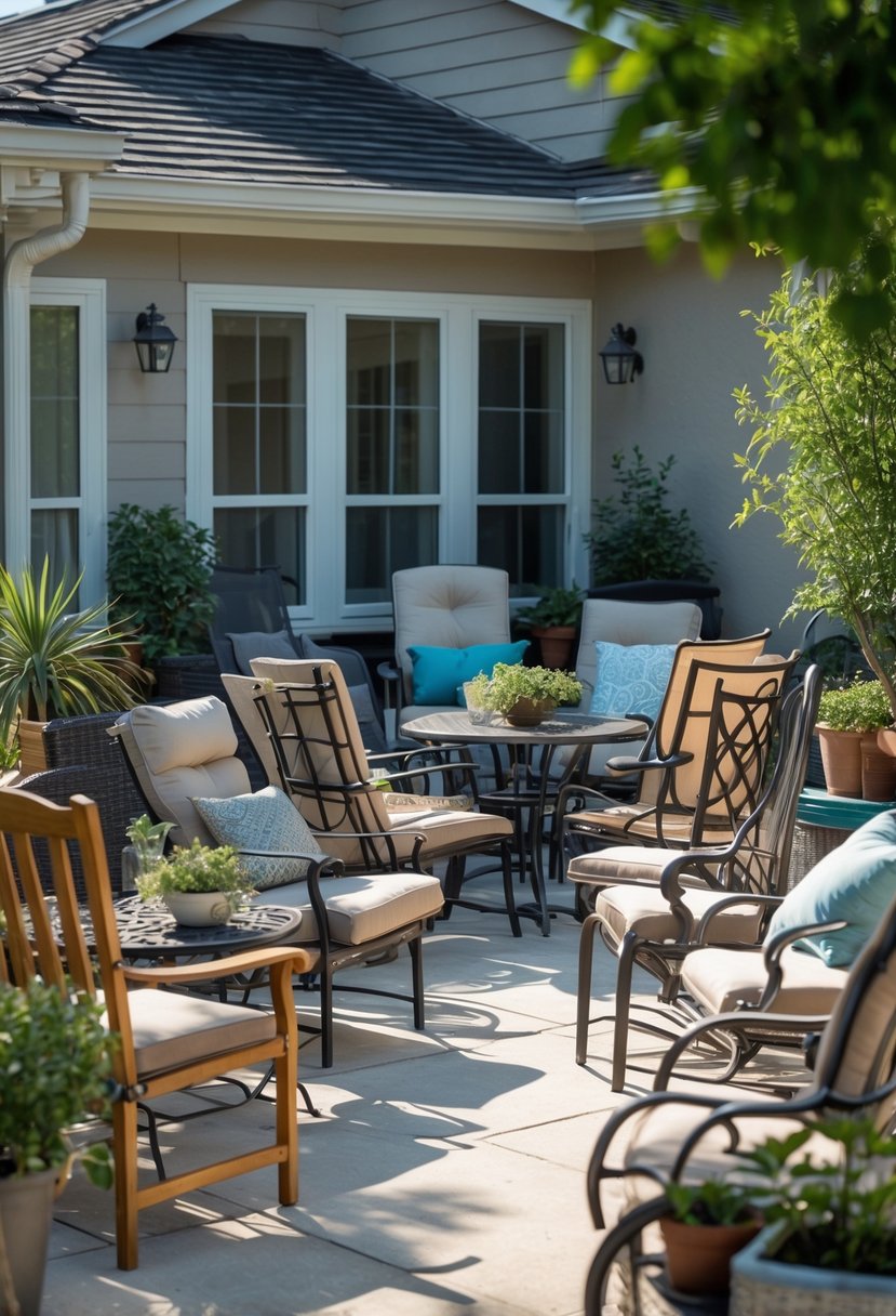 A small patio crowded with many chairs, tables, and plants, making the space look cluttered and cramped.