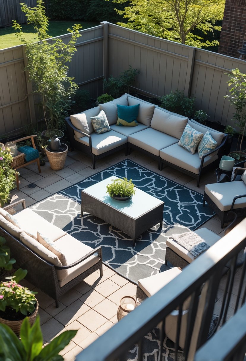 A cluttered patio with dining and lounging furniture mixed together without clear separation.