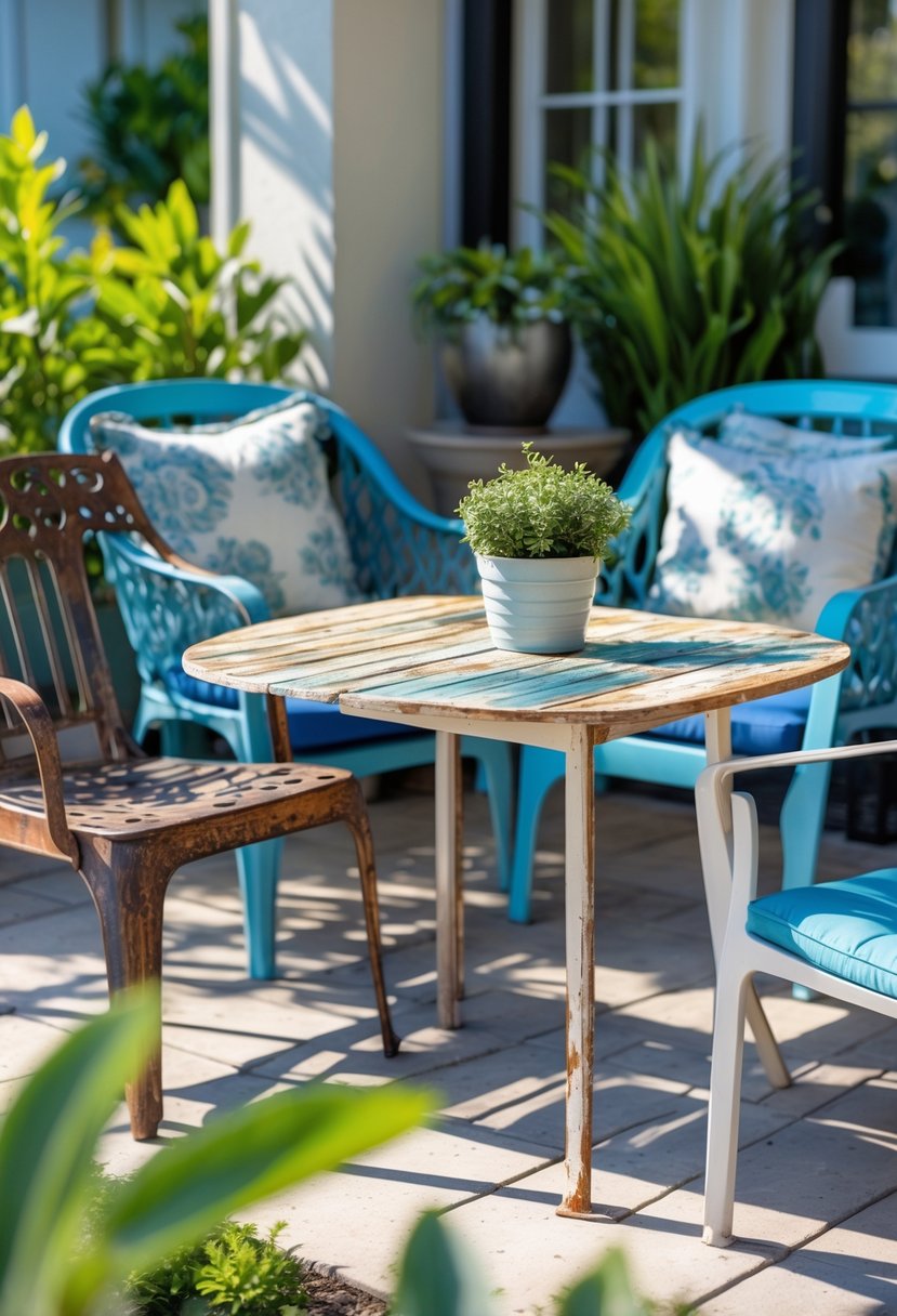 A patio with outdoor furniture and decor showing damage from weather exposure, including rusted chairs, faded paint, and stained cushions.