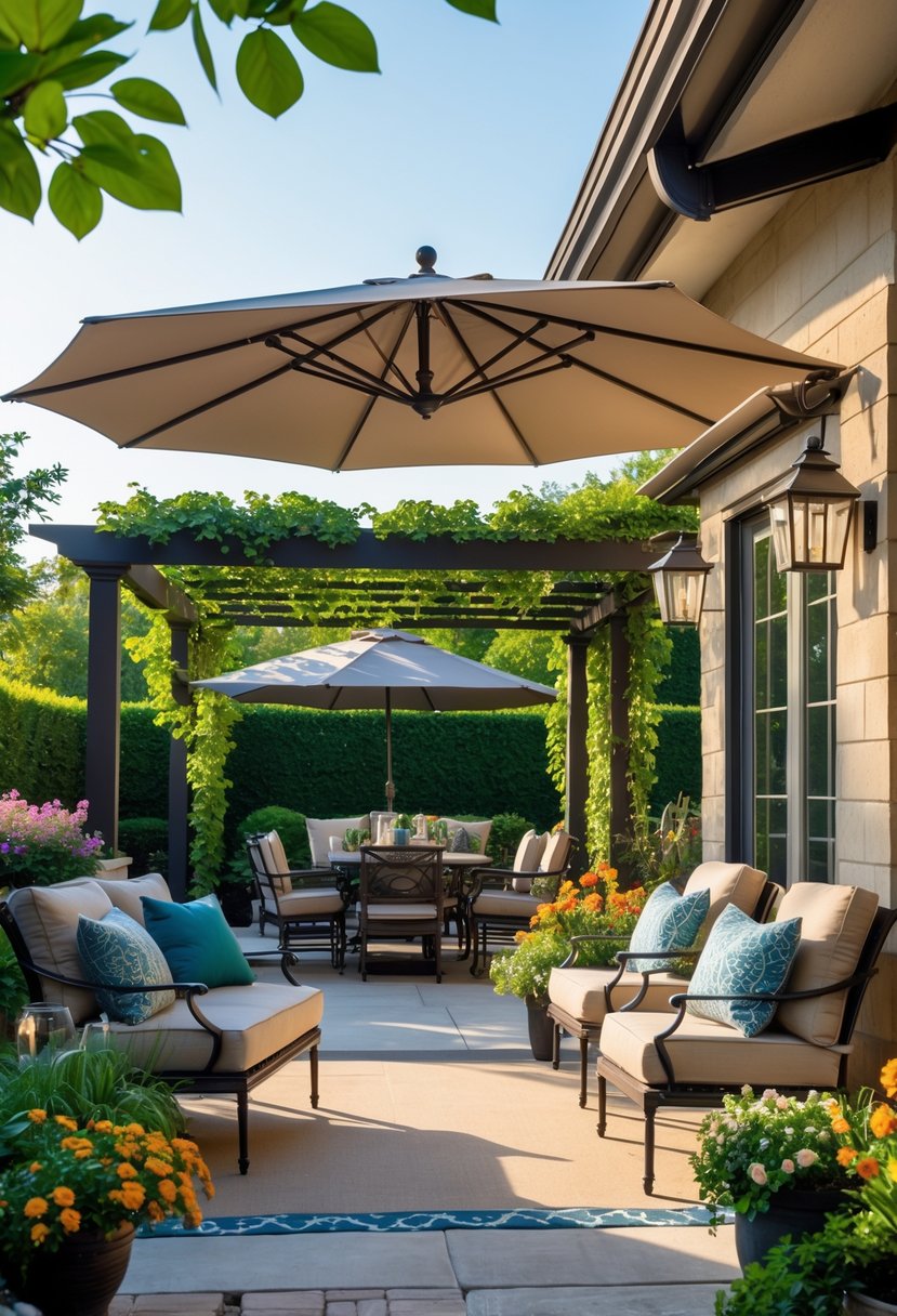 Outdoor patio with different shade options including an umbrella, pergola, and awning, surrounded by plants and outdoor furniture.