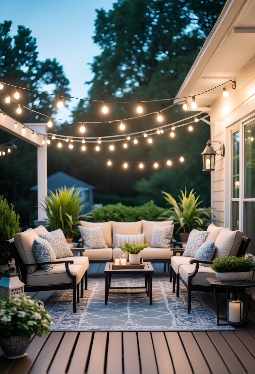 A well-arranged outdoor patio with comfortable seating, plants, and soft lighting under a clear sky.