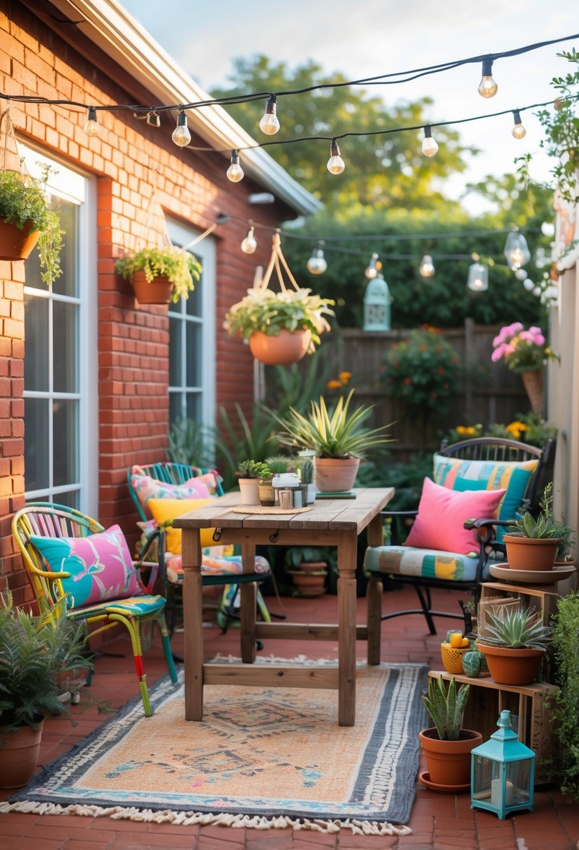 A red brick patio decorated with outdoor furniture, potted plants, string lights, and garden ornaments in a cozy backyard setting.