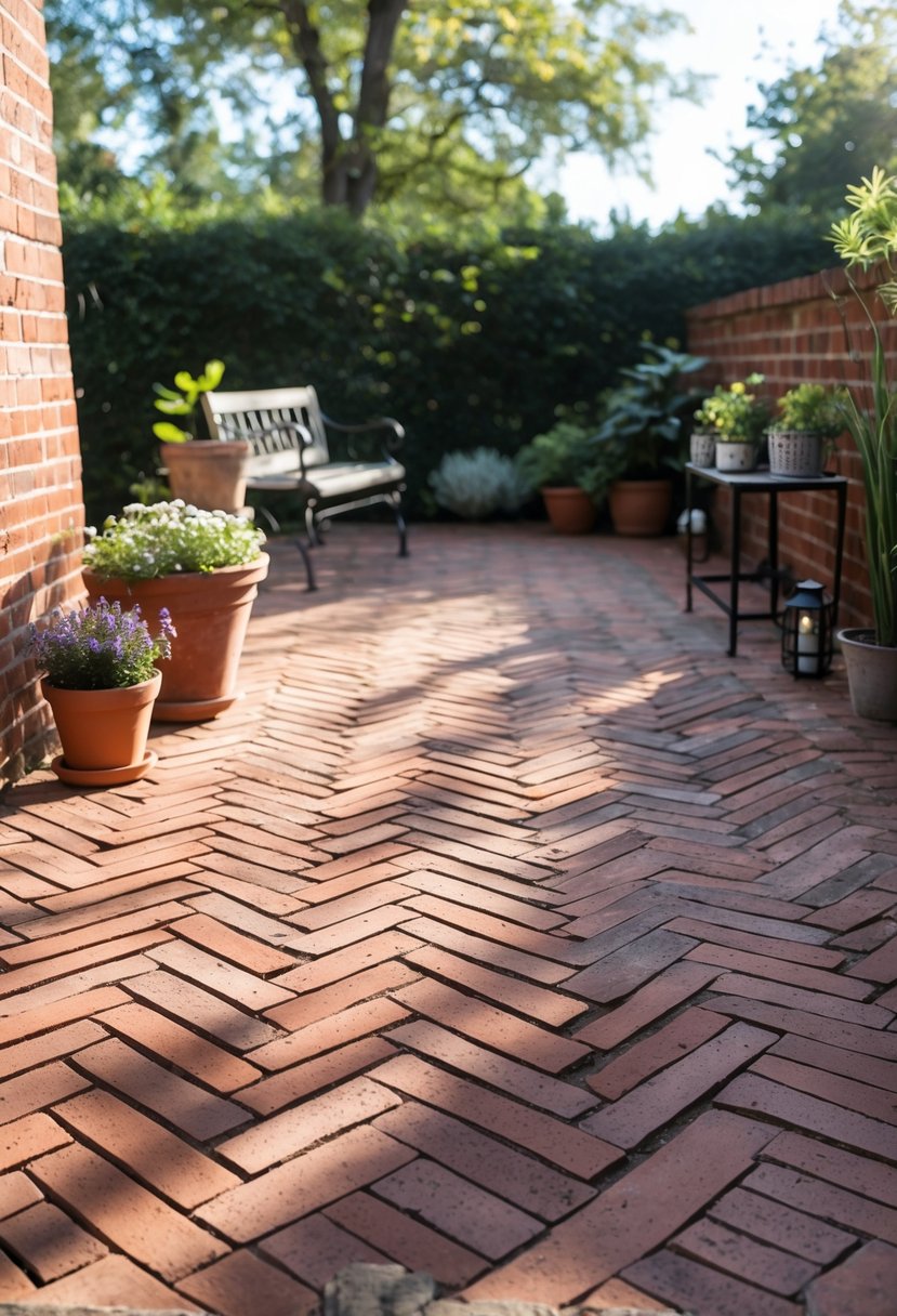 A red brick patio with a herringbone pattern, decorated with potted plants and simple outdoor furniture under natural sunlight.