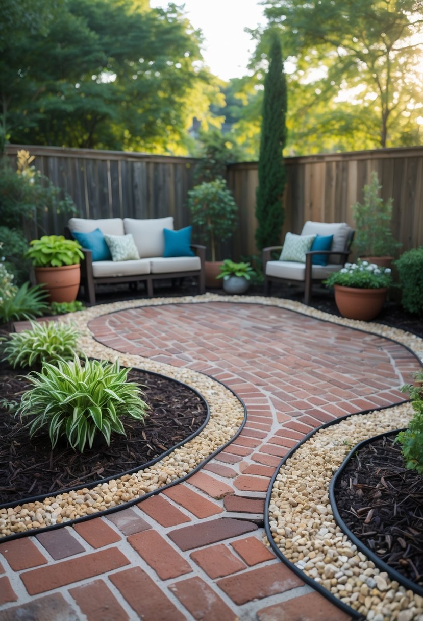 A red brick patio with gravel and mulch borders, decorated with plants and outdoor seating in a garden setting.