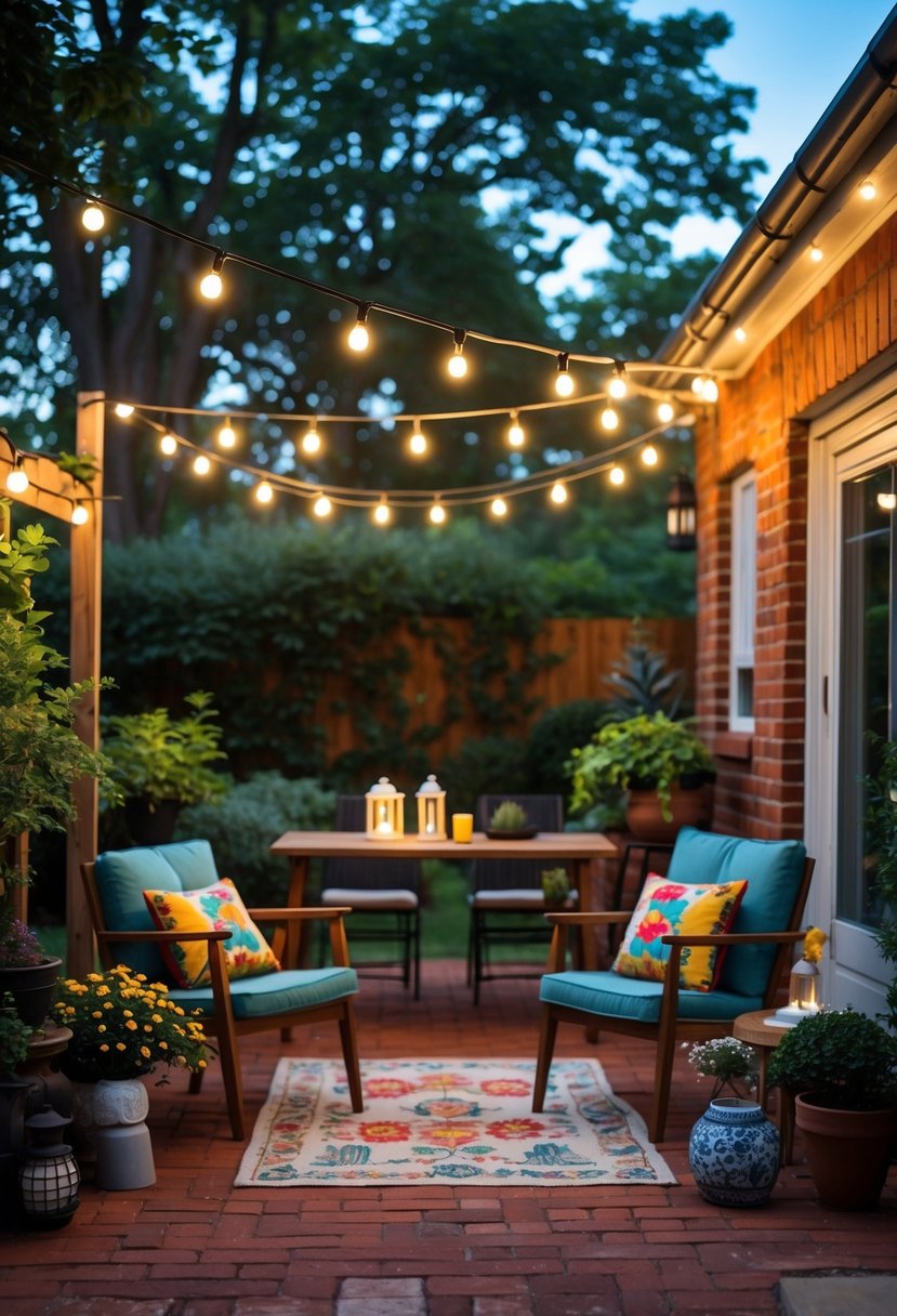 A red brick patio decorated with string lights, wooden furniture, and potted plants in an outdoor garden setting.