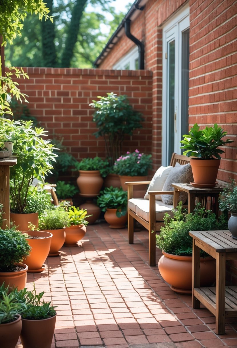 Red brick patio decorated with various potted plants and outdoor furniture in natural sunlight.