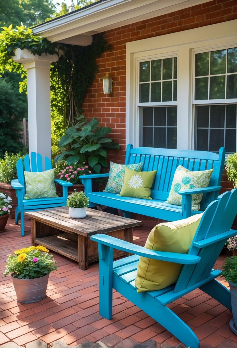 A red brick patio with repainted outdoor furniture, potted plants, and cushions arranged around a wooden table.