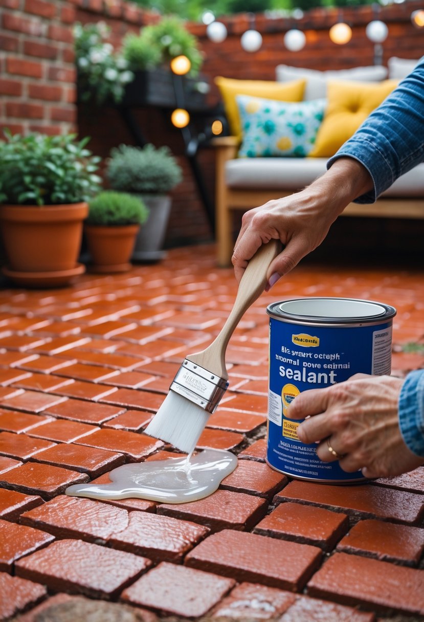 Hands applying sealant to a red brick patio surrounded by potted plants and outdoor seating.