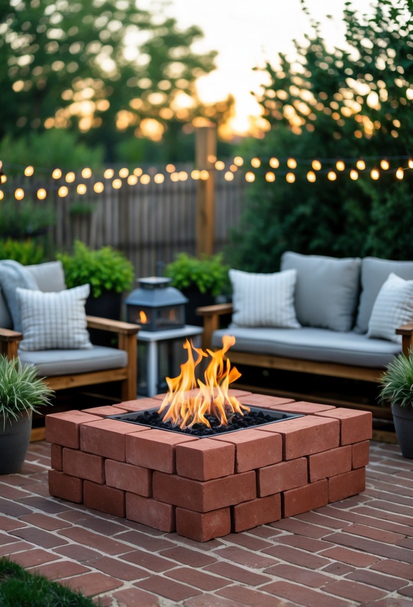 A red brick fire pit on a brick patio surrounded by seating and plants, with a fire burning inside and warm outdoor lighting.