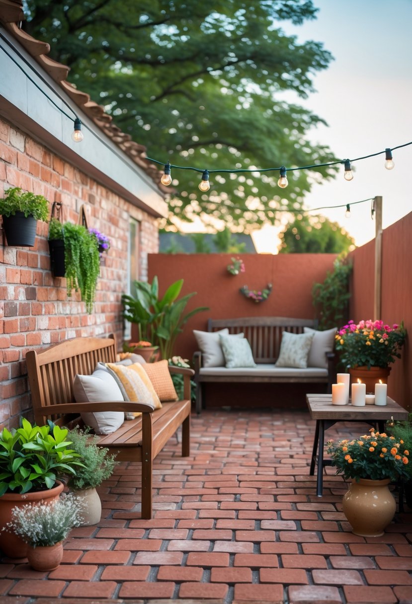 A red brick patio decorated with potted plants, a wooden bench with cushions, a small table with decorative items, and string lights overhead.
