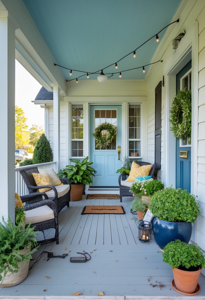 Front porch of a suburban home showing cluttered furniture, worn cushions, neglected plants, peeling paint, and tangled lights.