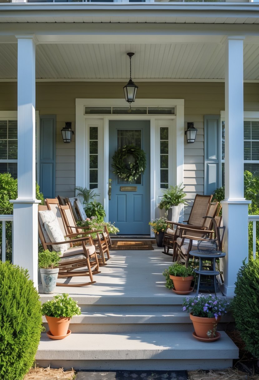 Front porch of a house cluttered with too many chairs, tables, and plants, making the space look cramped and crowded.