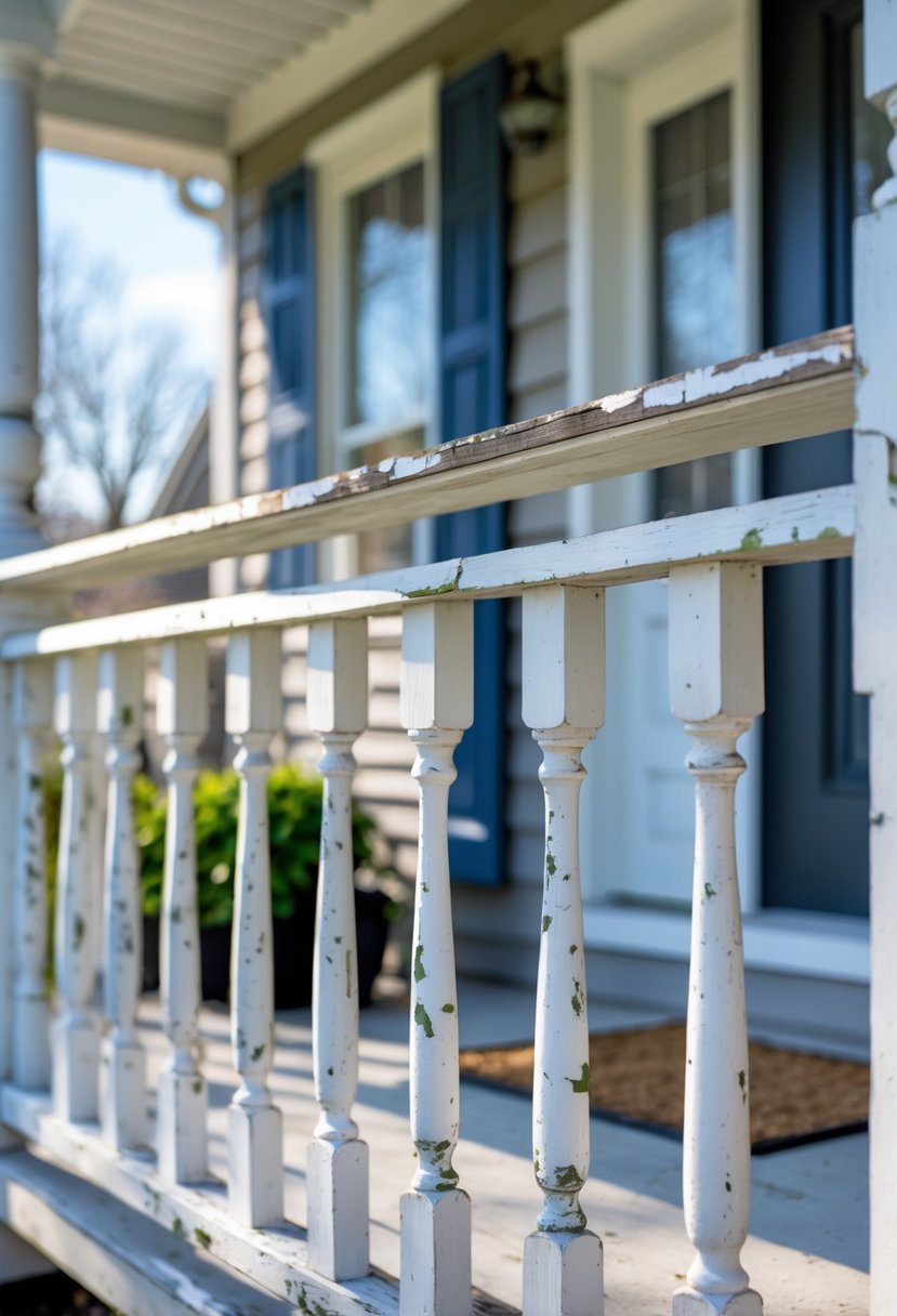 A porch with wooden railings and trim showing peeling and chipped paint, highlighting worn exterior details.
