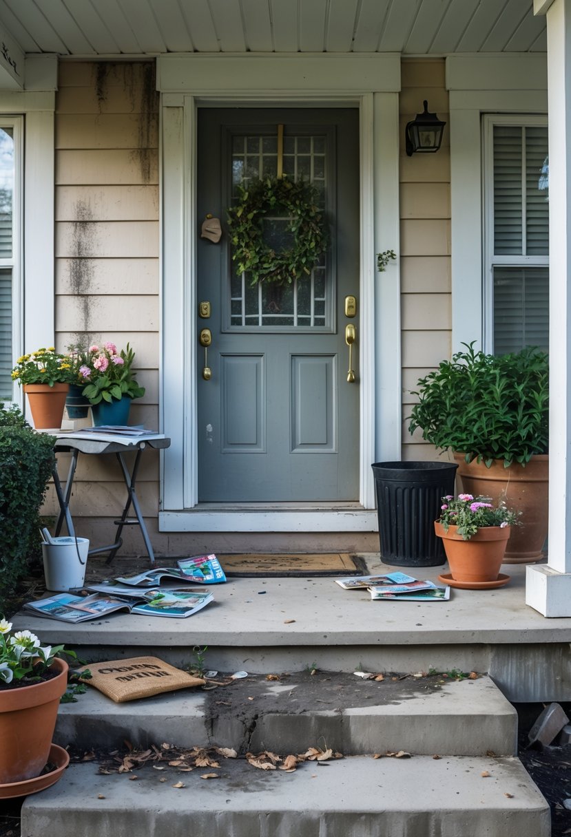 A cluttered and neglected front porch with dirty surfaces, wilted plants, peeling paint, and scattered items.