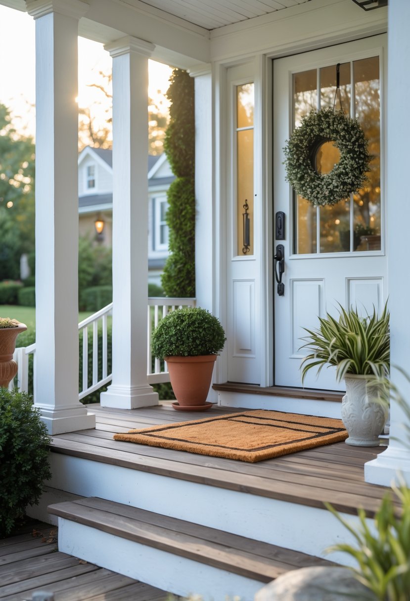 Front porch with mismatched and improperly sized decor items that clutter and overwhelm the entrance.