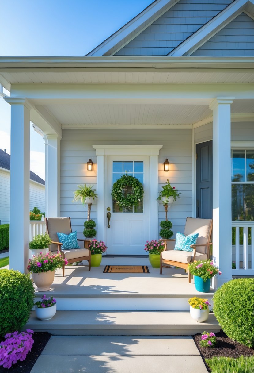A clean and inviting front porch with comfortable seating, potted plants, and decorative accents, overlooking a well-kept lawn under a clear sky.