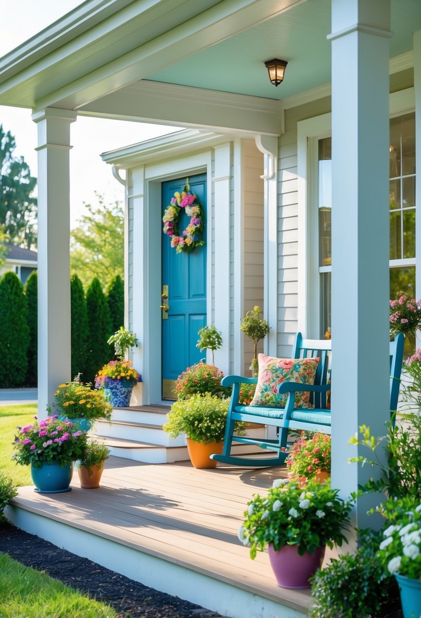 A clean and inviting front porch with a painted door, seating, and potted plants, overlooking a manicured lawn.