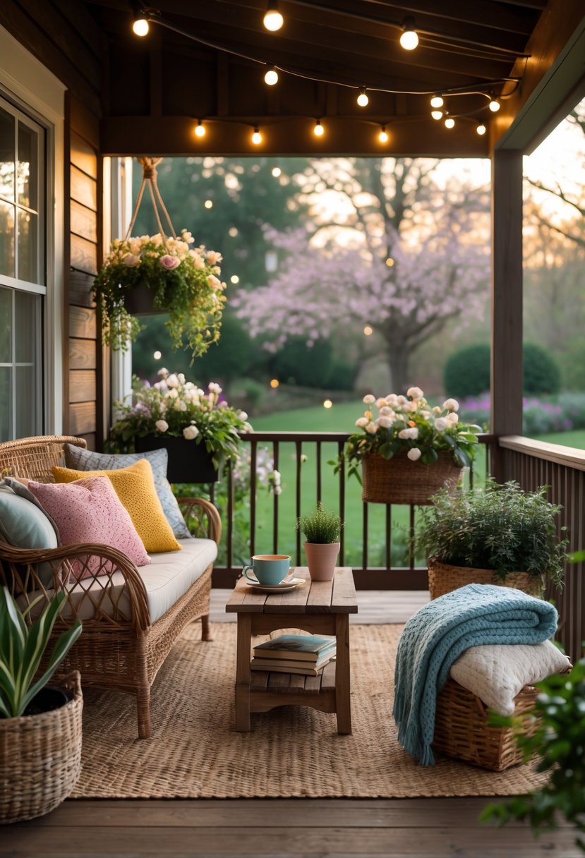 A cozy porch with cushioned seating, throw pillows, a wooden table with a cup and plant, string lights overhead, and surrounding greenery.
