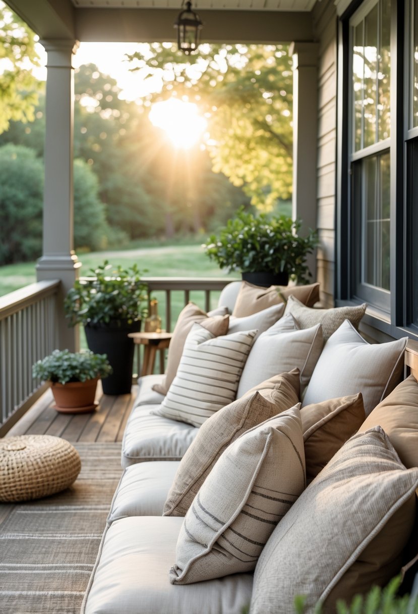 A porch with outdoor seating enhanced by plush cushions, surrounded by plants and natural light.