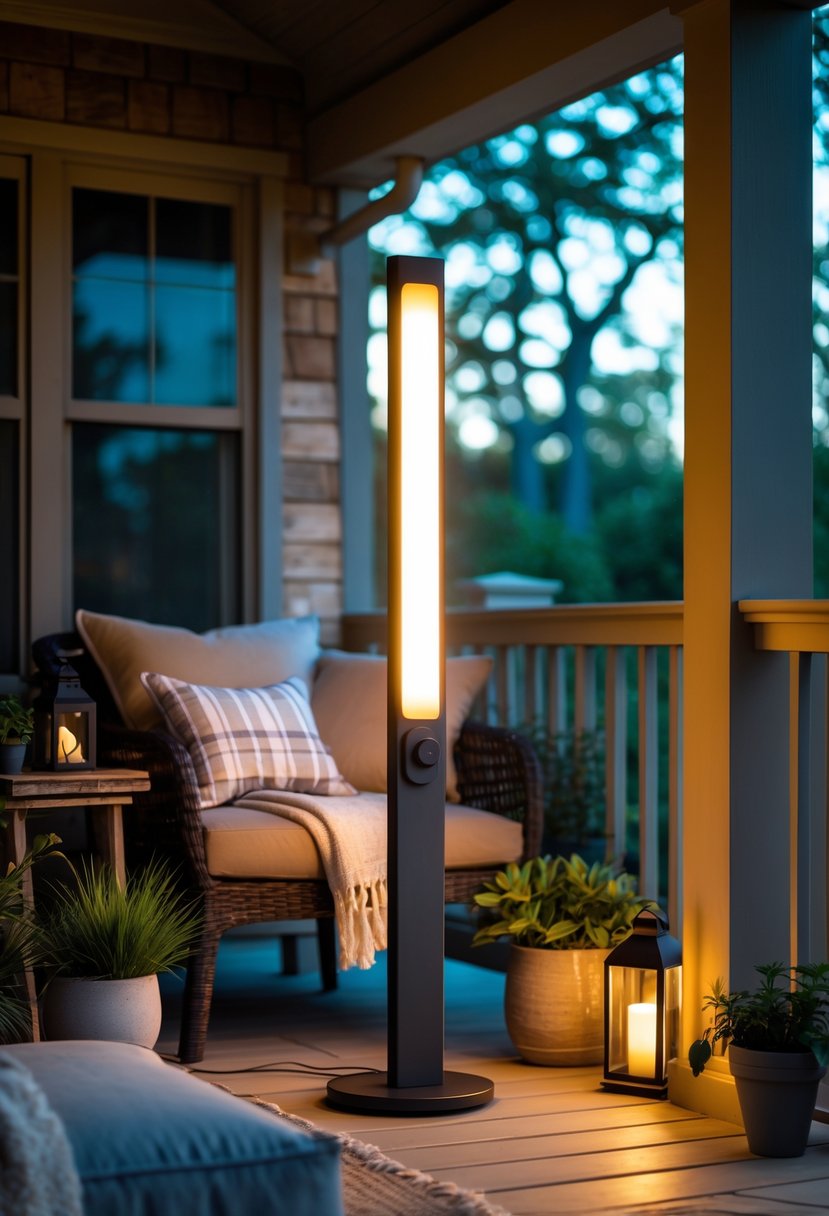 A cozy porch with a stylish outdoor floor lamp illuminating comfortable seating and plants.