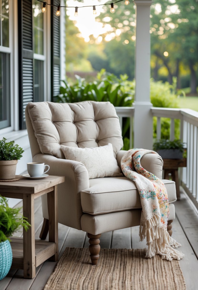 A cozy porch with a plush armchair, a wooden side table with a plant and coffee cup, surrounded by plants and soft lighting.