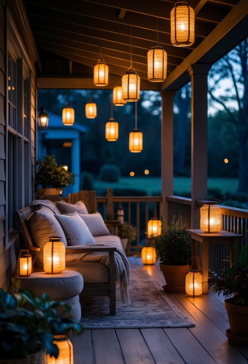 A porch at dusk softly lit by glowing lanterns with comfortable seating and plants.