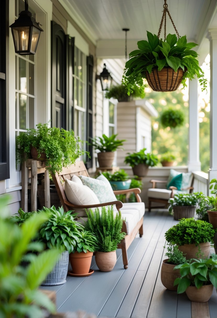 A cozy porch with potted plants and hanging baskets filled with green foliage, comfortable seating, and warm natural light.