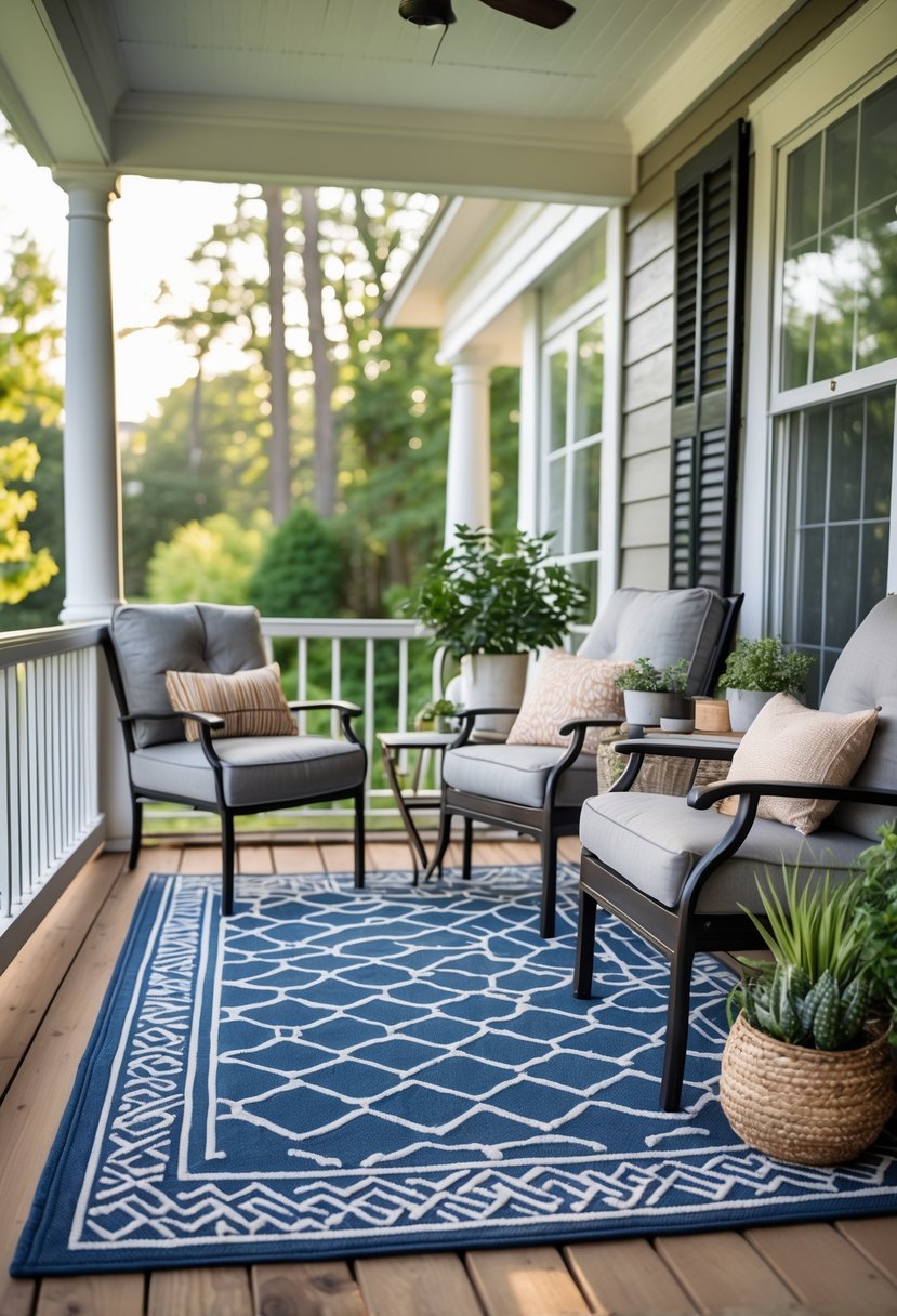 A porch seating area with chairs, a coffee table, and a rug outdoors surrounded by plants.