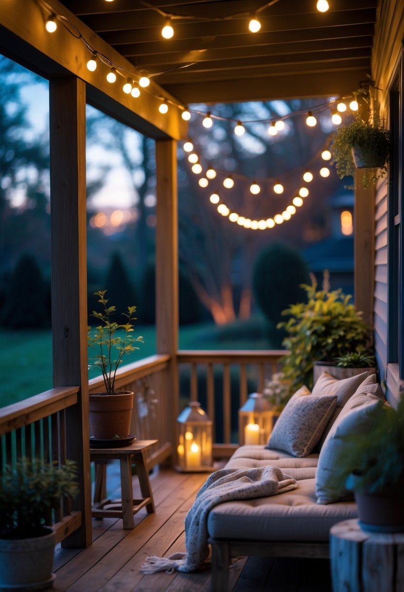 A cozy porch at dusk with warm string lights hanging overhead, comfortable seating, and plants.