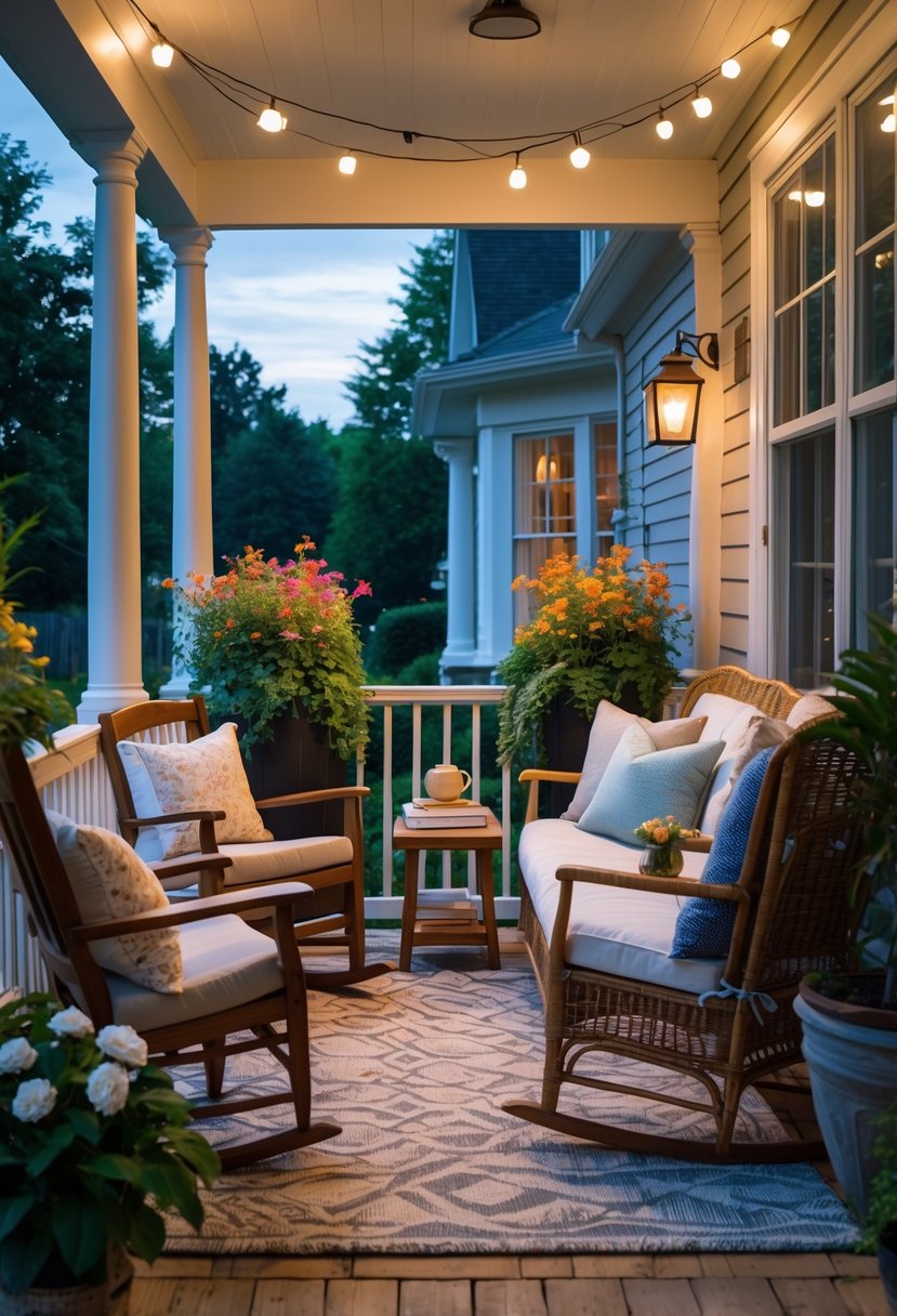 A cozy porch with comfortable seating, plants, soft lighting, and a small table with a cup and books.