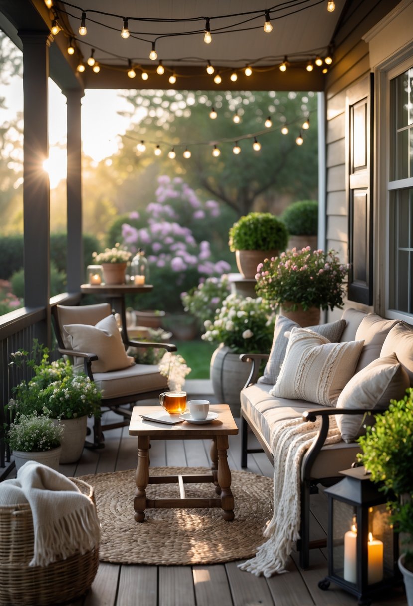 A cozy porch with comfortable seating, cushions, plants, string lights, and a small table with a cup and book.