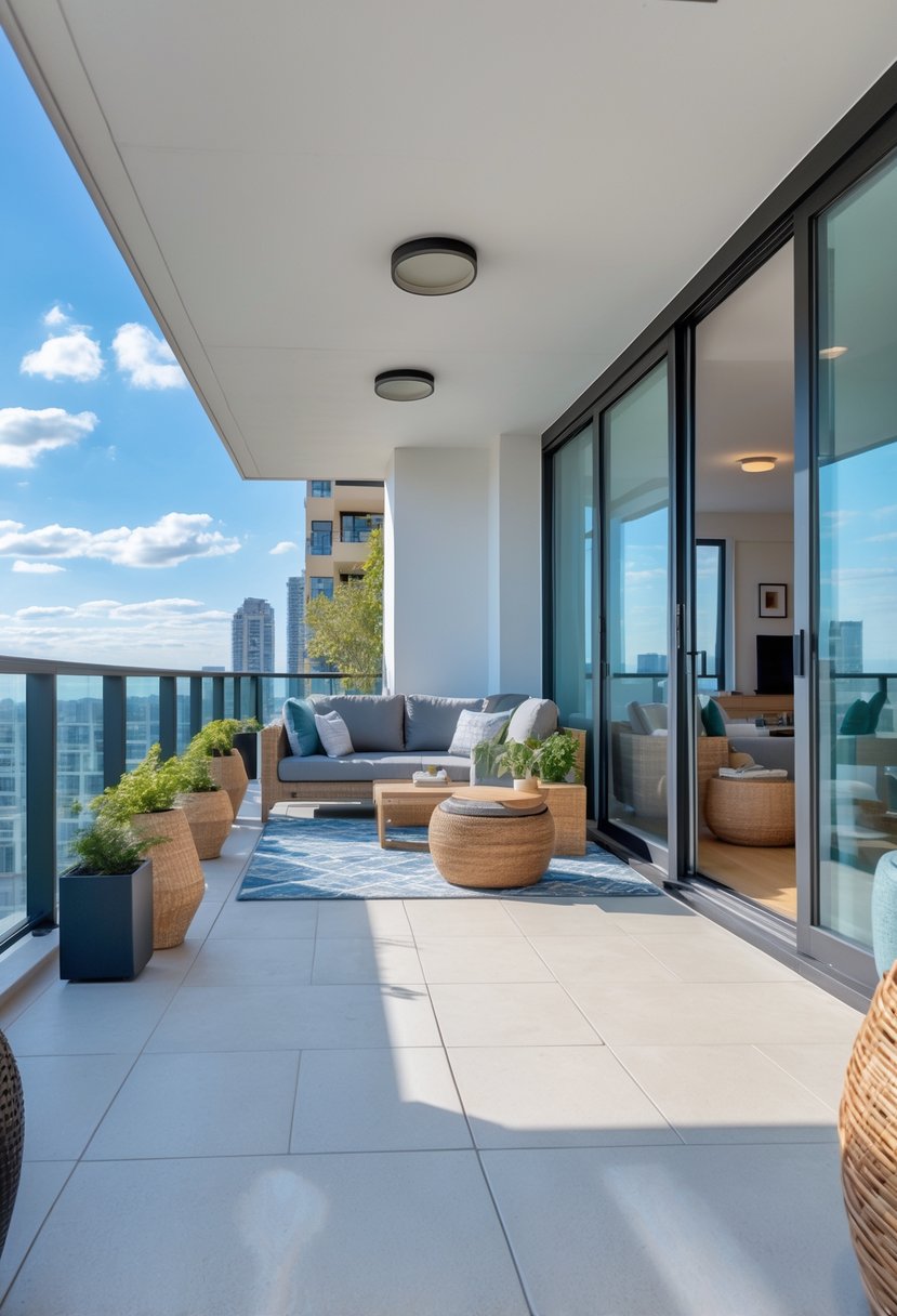 A condo terrace with cluttered furniture and decor that feels disconnected from the adjacent indoor living space.