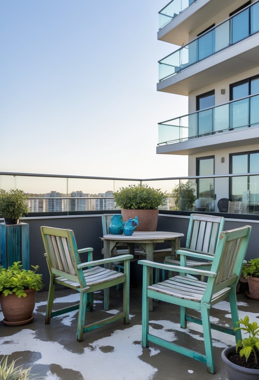 Outdoor condo terrace with worn wooden furniture showing signs of weather damage and some wilted potted plants.