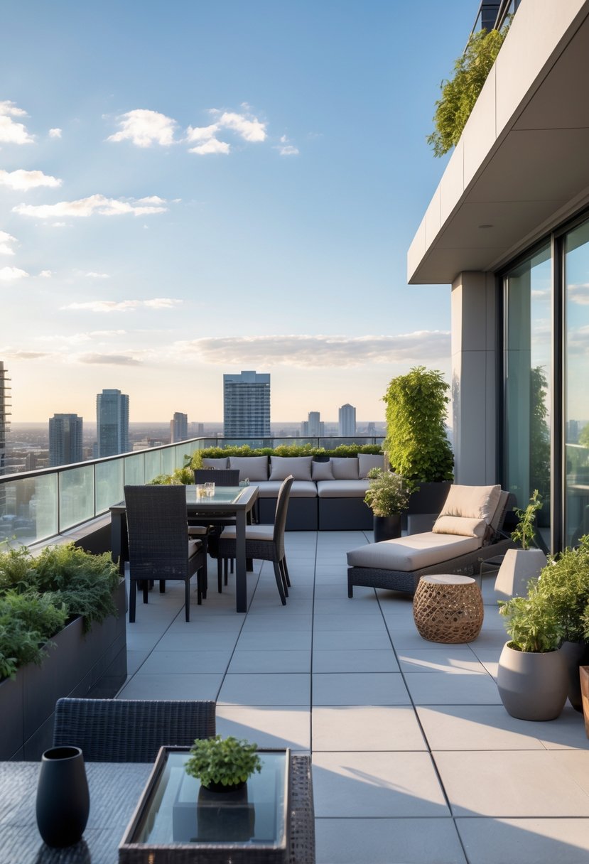 A cluttered condo terrace with mismatched furniture and decor, showing a cramped dining area and a lounge chair in the corner, with a cityscape in the background.