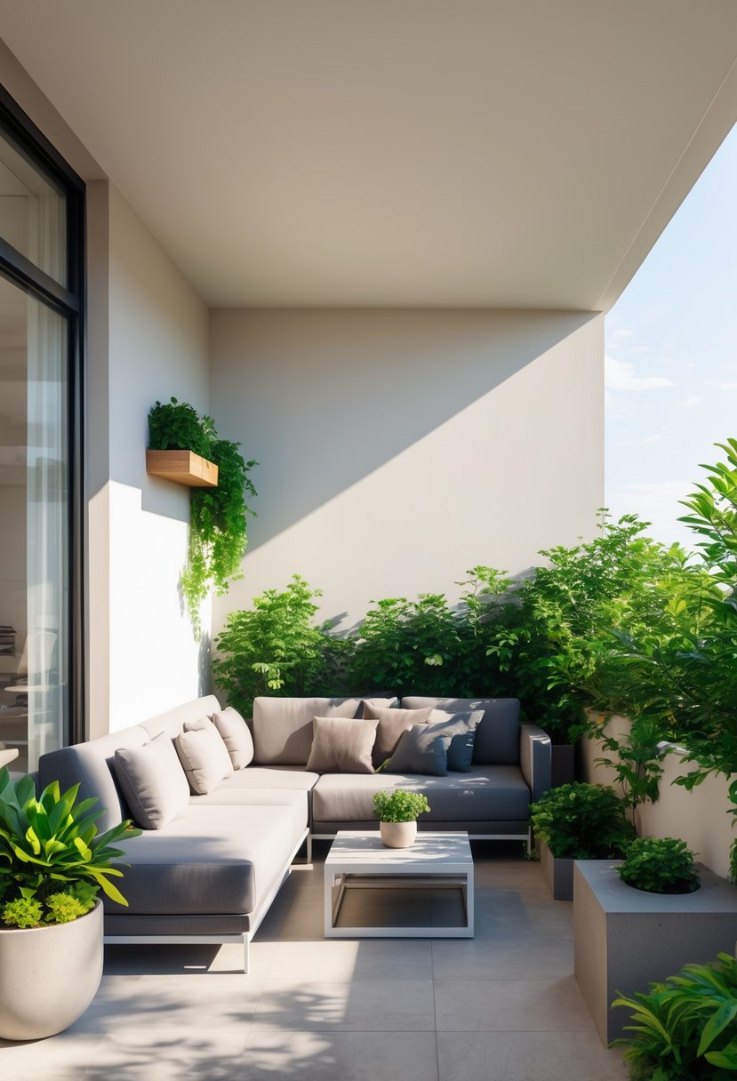 A condo terrace with outdoor seating and plants, showing empty walls without shelves or hanging planters.
