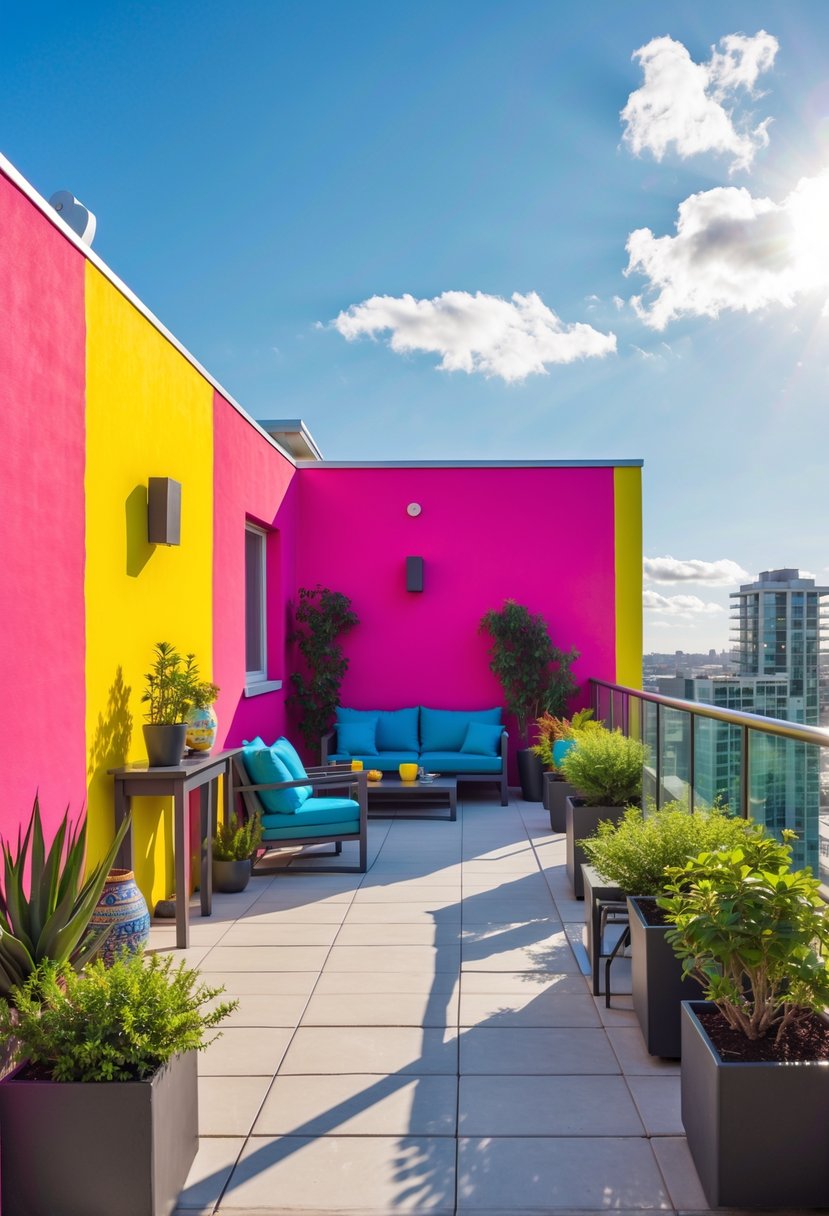 A condo terrace with bright, bold colored walls and outdoor furniture, showing a crowded and visually overwhelming space.